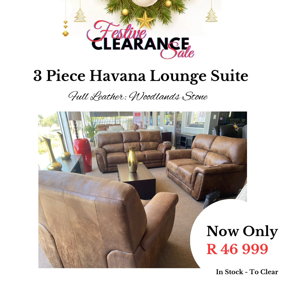 Festive Sale: 3 Piece Havana Lounge Suite - Full Leather