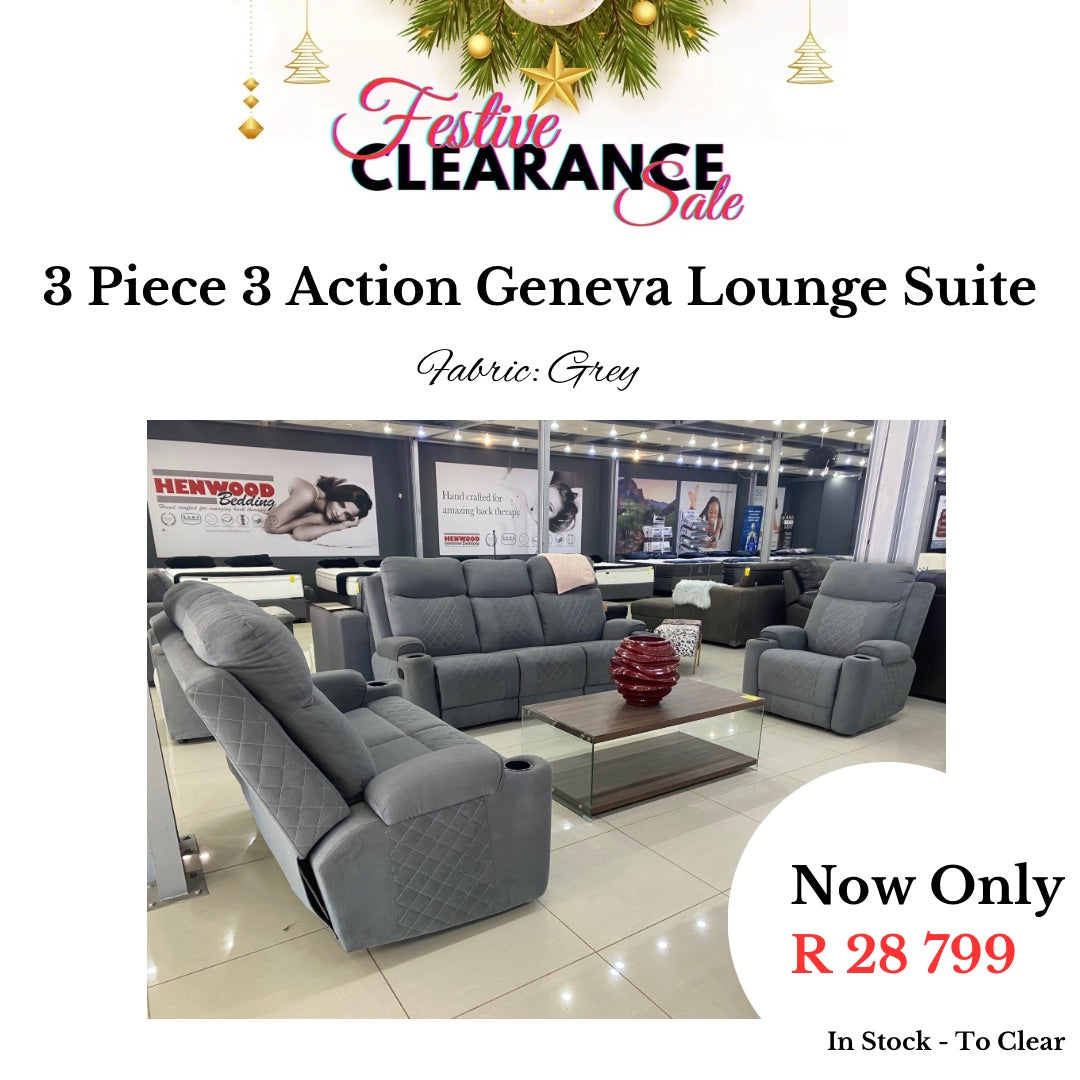 Festive Sale: 3 Piece 3 Action Geneva Lounge Suite - Fabric